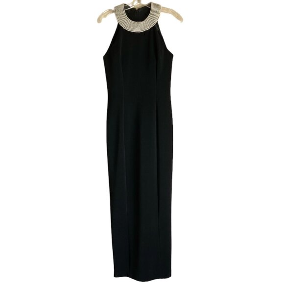 VTG Alex Evenings Black Halter Formal Gown Sz 8 Sheath Maxi Dress Pearl Collar - Picture 4 of 17